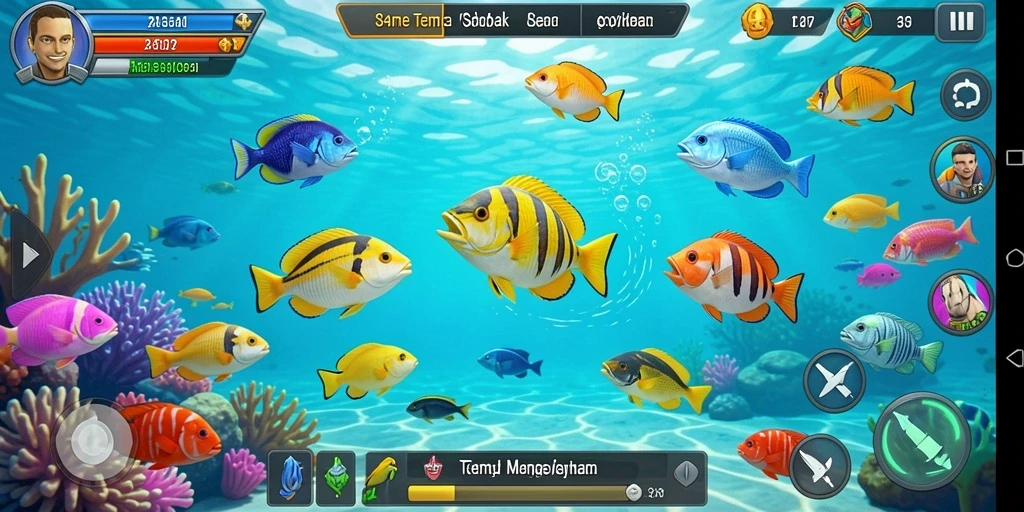Screenshot gameplay menampilkan aksi seru menangkap ikan di 34R.