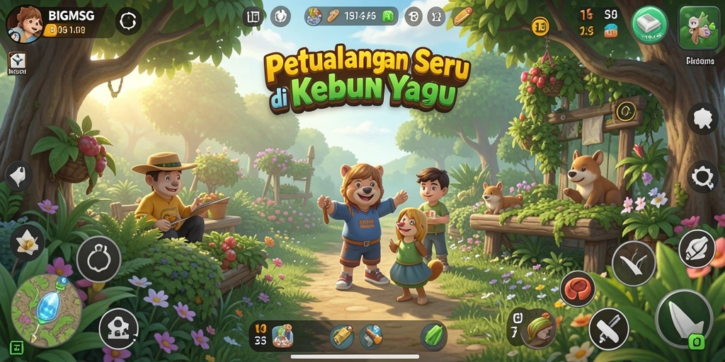 Tangkapan layar dari gameplay <strong>BIGMSG</strong> menampilkan suasana kebun yang cerah dan subur.