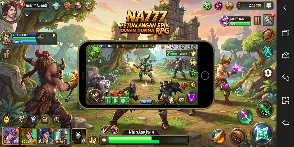 Screenshot utama NA777 menampilkan pertarungan epik dalam dunia RPG.