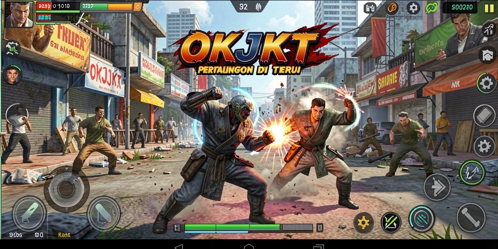 Tampilan gameplay <strong>OKJKT</strong> dengan pertarungan seru di tengah kota.