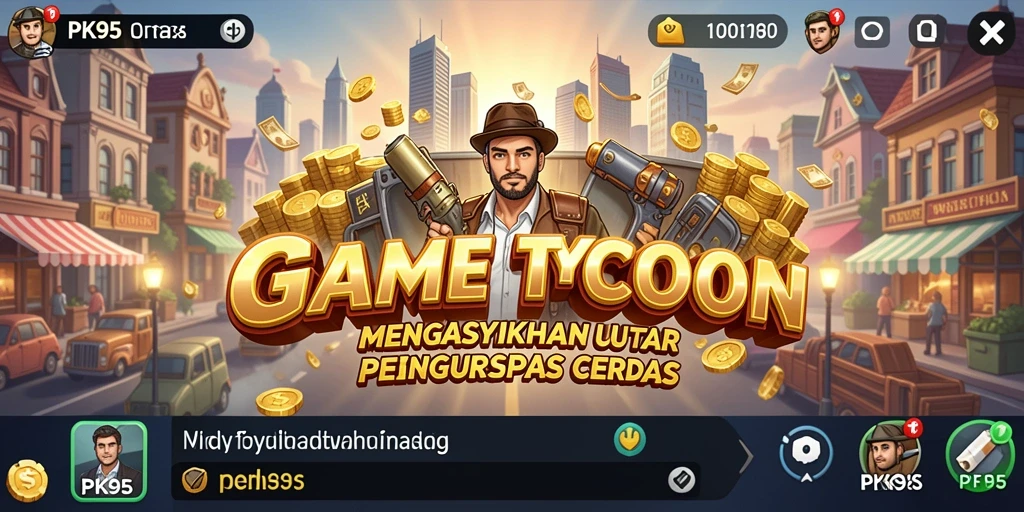 Screenshot utama PK95 menampilkan pemain mengelola bisnis Tycoon dengan grafis menarik.
