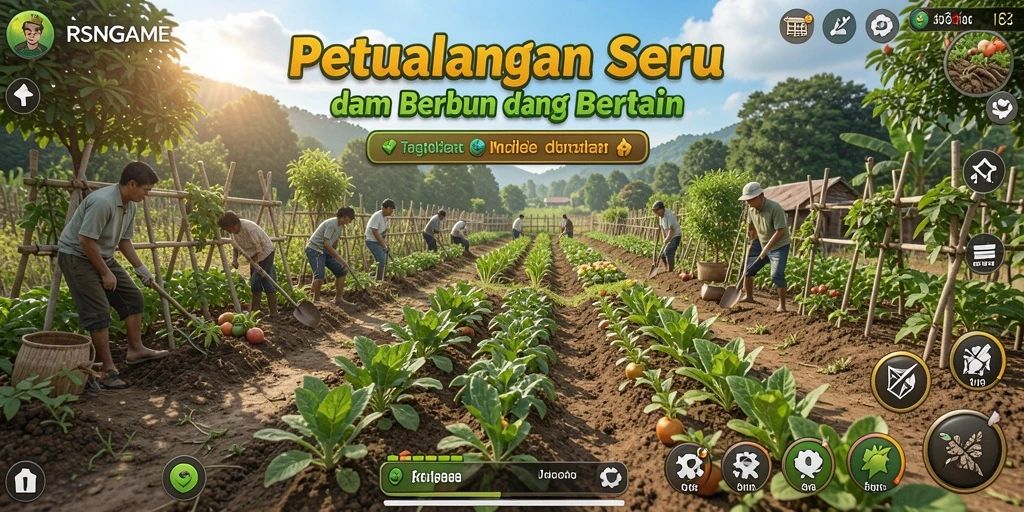 Tangkapan layar gameplay RSNGAME yang menampilkan aktivitas bertani dan berkebun.