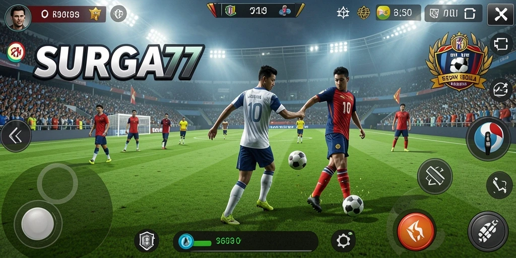 Screenshot utama SURGA77 menampilkan pertandingan sepak bola yang intens dan mendebarkan.
